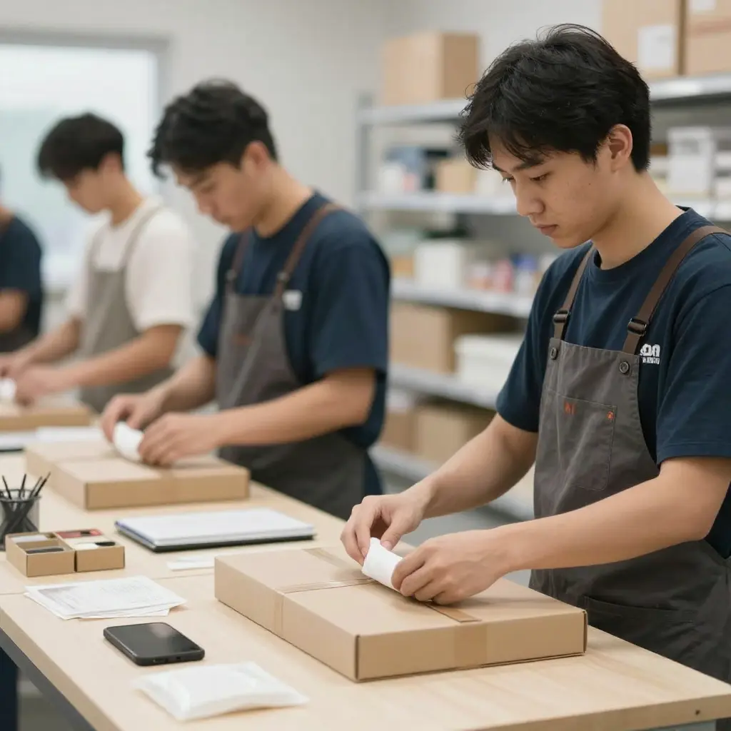 Professional packing service team carefully wrapping items