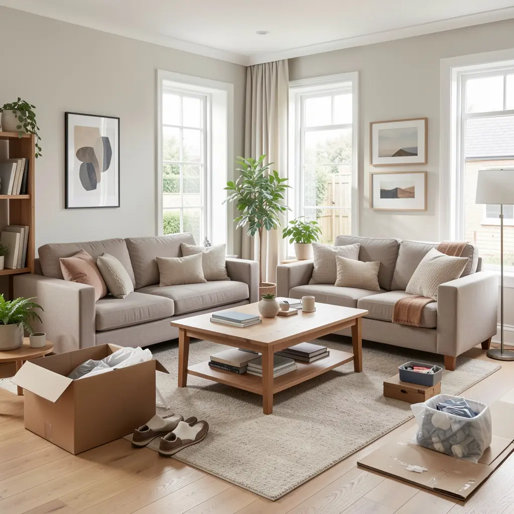 Organised living room after professional unpacking service